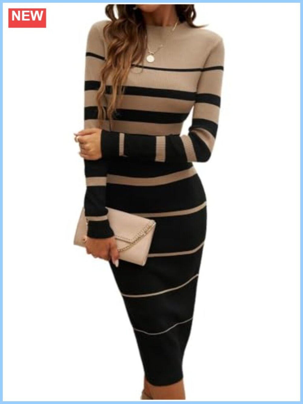 Striped Ribbed Knit Midi Dress Long Sleeve Bodycon Slim Fit Sweater Dress